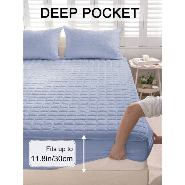Sábana bajera impermeable, funda de colchón hipoalergénica, suave y cómoda para dormitorio, para todas las estaciones, sábana bajera ajustable de 30 cm de profundidad, transpirable, acolchada, con diseño de celosía cuadrada, para todas las tallas Queen, King y Twin, funda protectora de colchón de color liso, antipolvo, cómoda y lavable a máquina. - Imagen 29