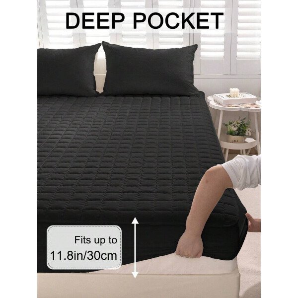 Sábana bajera impermeable, funda de colchón hipoalergénica, suave y cómoda para dormitorio, para todas las estaciones, sábana bajera ajustable de 30 cm de profundidad, transpirable, acolchada, con diseño de celosía cuadrada, para todas las tallas Queen, King y Twin, funda protectora de colchón de color liso, antipolvo, cómoda y lavable a máquina. - Imagen 45