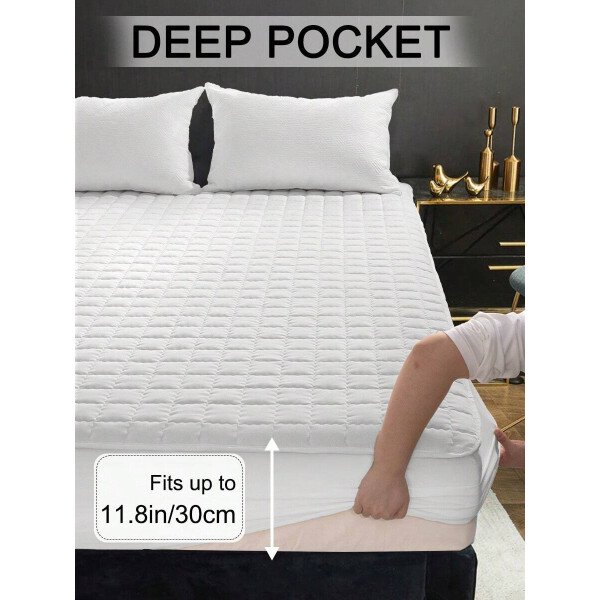 Sábana bajera impermeable, funda de colchón hipoalergénica, suave y cómoda para dormitorio, para todas las estaciones, sábana bajera ajustable de 30 cm de profundidad, transpirable, acolchada, con diseño de celosía cuadrada, para todas las tallas Queen, King y Twin, funda protectora de colchón de color liso, antipolvo, cómoda y lavable a máquina. - Imagen 53