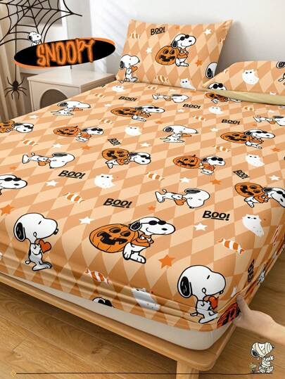 Sábana ajustada con diseño de Snoopy de Halloween, funda de colchón con estampado de calabaza y fantasma de dibujos animados, diseño de calabaza espeluznante, cómoda y amigable con la piel, antideslizante, de bolsillo profundo, resistente al polvo, antipilling, para todas las estaciones, lavable a máquina, se ajusta a tamaños de cama individual/doble/queen/king, decoración de otoño, decoración de Halloween, regalo listo para el truco o , decoración del hogar espeluznante