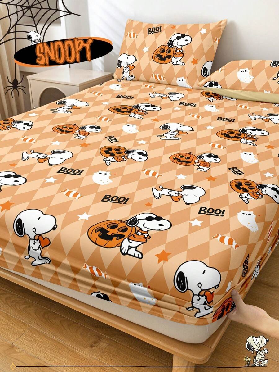 Sábana ajustada con diseño de Snoopy de Halloween, funda de colchón con estampado de calabaza y fantasma de dibujos animados, diseño de calabaza espeluznante, cómoda y amigable con la piel, antideslizante, de bolsillo profundo, resistente al polvo, antipilling, para todas las estaciones, lavable a máquina, se ajusta a tamaños de cama individual/doble/queen/king, decoración de otoño, decoración de Halloween, regalo listo para el truco o , decoración del hogar espeluznante - Imagen 2