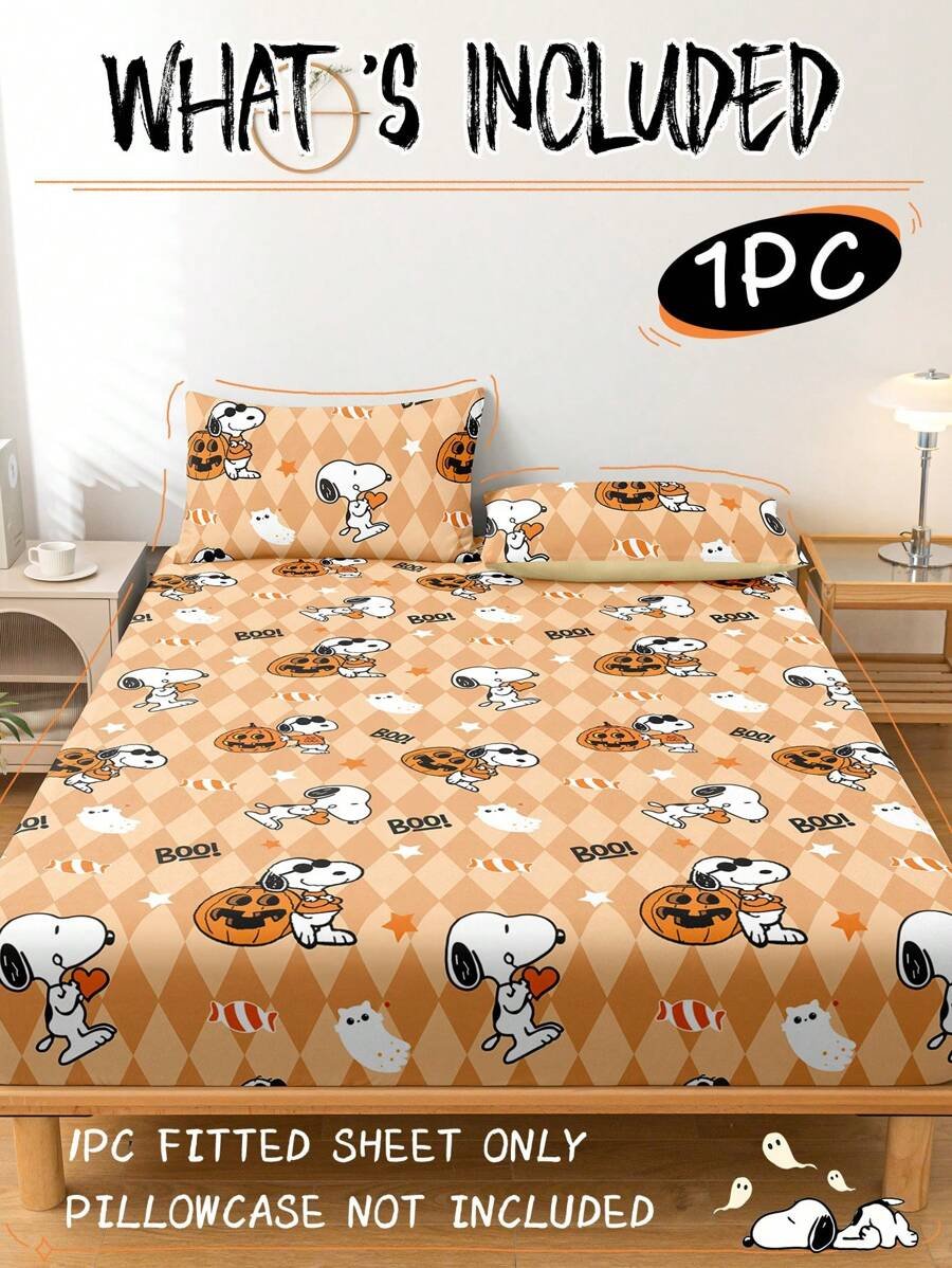 Sábana ajustada con diseño de Snoopy de Halloween, funda de colchón con estampado de calabaza y fantasma de dibujos animados, diseño de calabaza espeluznante, cómoda y amigable con la piel, antideslizante, de bolsillo profundo, resistente al polvo, antipilling, para todas las estaciones, lavable a máquina, se ajusta a tamaños de cama individual/doble/queen/king, decoración de otoño, decoración de Halloween, regalo listo para el truco o , decoración del hogar espeluznante - Imagen 3