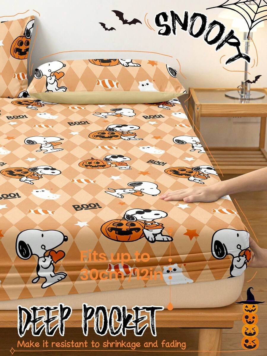 Sábana ajustada con diseño de Snoopy de Halloween, funda de colchón con estampado de calabaza y fantasma de dibujos animados, diseño de calabaza espeluznante, cómoda y amigable con la piel, antideslizante, de bolsillo profundo, resistente al polvo, antipilling, para todas las estaciones, lavable a máquina, se ajusta a tamaños de cama individual/doble/queen/king, decoración de otoño, decoración de Halloween, regalo listo para el truco o , decoración del hogar espeluznante - Imagen 5