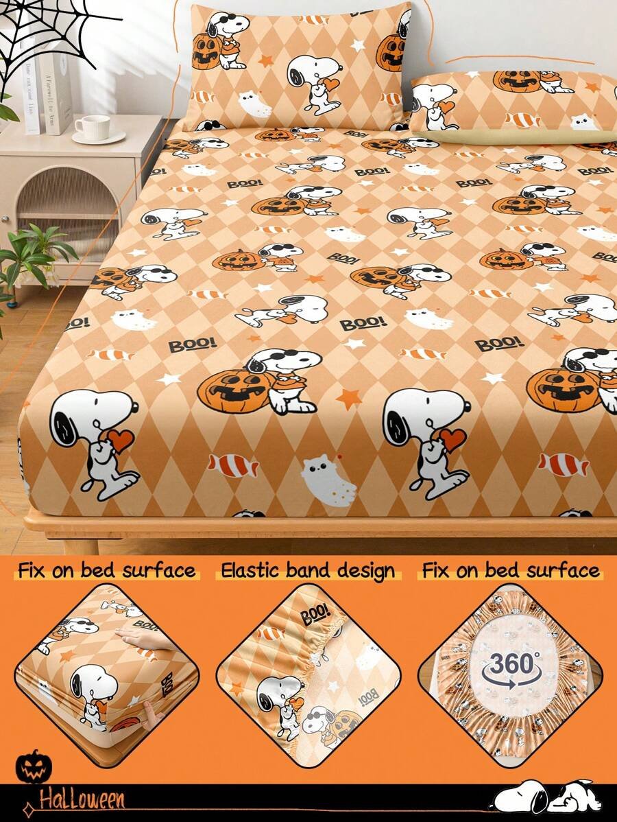 Sábana ajustada con diseño de Snoopy de Halloween, funda de colchón con estampado de calabaza y fantasma de dibujos animados, diseño de calabaza espeluznante, cómoda y amigable con la piel, antideslizante, de bolsillo profundo, resistente al polvo, antipilling, para todas las estaciones, lavable a máquina, se ajusta a tamaños de cama individual/doble/queen/king, decoración de otoño, decoración de Halloween, regalo listo para el truco o , decoración del hogar espeluznante - Imagen 6