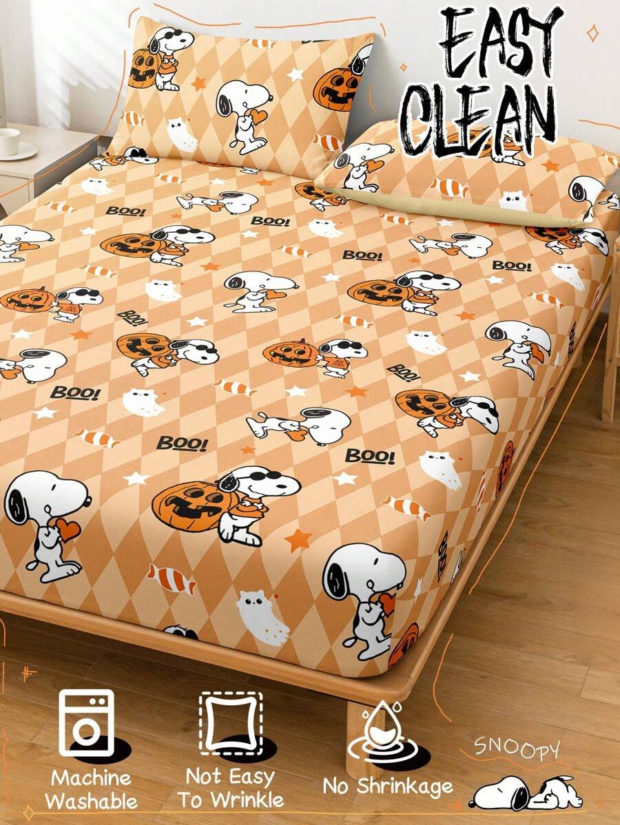 Sábana ajustada con diseño de Snoopy de Halloween, funda de colchón con estampado de calabaza y fantasma de dibujos animados, diseño de calabaza espeluznante, cómoda y amigable con la piel, antideslizante, de bolsillo profundo, resistente al polvo, antipilling, para todas las estaciones, lavable a máquina, se ajusta a tamaños de cama individual/doble/queen/king, decoración de otoño, decoración de Halloween, regalo listo para el truco o , decoración del hogar espeluznante - Imagen 7