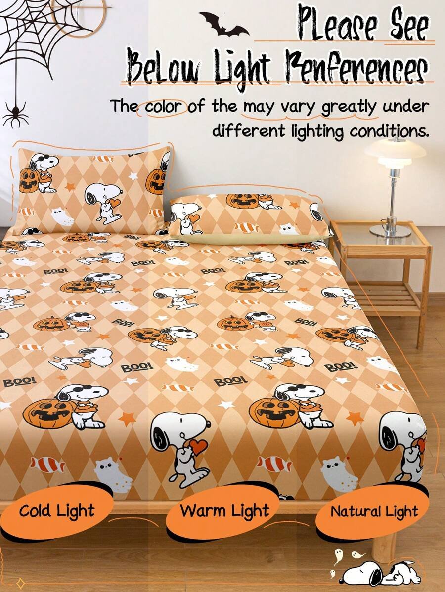 Sábana ajustada con diseño de Snoopy de Halloween, funda de colchón con estampado de calabaza y fantasma de dibujos animados, diseño de calabaza espeluznante, cómoda y amigable con la piel, antideslizante, de bolsillo profundo, resistente al polvo, antipilling, para todas las estaciones, lavable a máquina, se ajusta a tamaños de cama individual/doble/queen/king, decoración de otoño, decoración de Halloween, regalo listo para el truco o , decoración del hogar espeluznante - Imagen 8