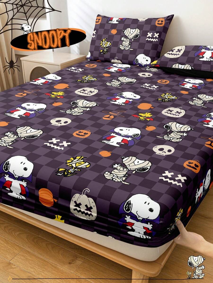Sábana ajustada con diseño de Snoopy de Halloween, funda de colchón con estampado de calabaza y fantasma de dibujos animados, diseño de calabaza espeluznante, cómoda y amigable con la piel, antideslizante, de bolsillo profundo, resistente al polvo, antipilling, para todas las estaciones, lavable a máquina, se ajusta a tamaños de cama individual/doble/queen/king, decoración de otoño, decoración de Halloween, regalo listo para el truco o , decoración del hogar espeluznante - Imagen 9
