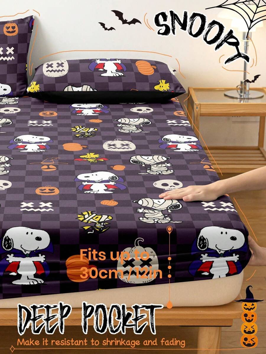 Sábana ajustada con diseño de Snoopy de Halloween, funda de colchón con estampado de calabaza y fantasma de dibujos animados, diseño de calabaza espeluznante, cómoda y amigable con la piel, antideslizante, de bolsillo profundo, resistente al polvo, antipilling, para todas las estaciones, lavable a máquina, se ajusta a tamaños de cama individual/doble/queen/king, decoración de otoño, decoración de Halloween, regalo listo para el truco o , decoración del hogar espeluznante - Imagen 12