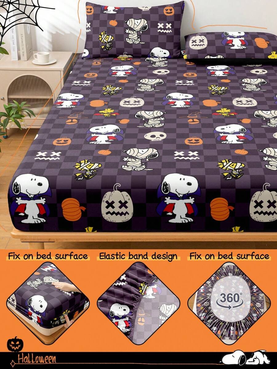 Sábana ajustada con diseño de Snoopy de Halloween, funda de colchón con estampado de calabaza y fantasma de dibujos animados, diseño de calabaza espeluznante, cómoda y amigable con la piel, antideslizante, de bolsillo profundo, resistente al polvo, antipilling, para todas las estaciones, lavable a máquina, se ajusta a tamaños de cama individual/doble/queen/king, decoración de otoño, decoración de Halloween, regalo listo para el truco o , decoración del hogar espeluznante - Imagen 13