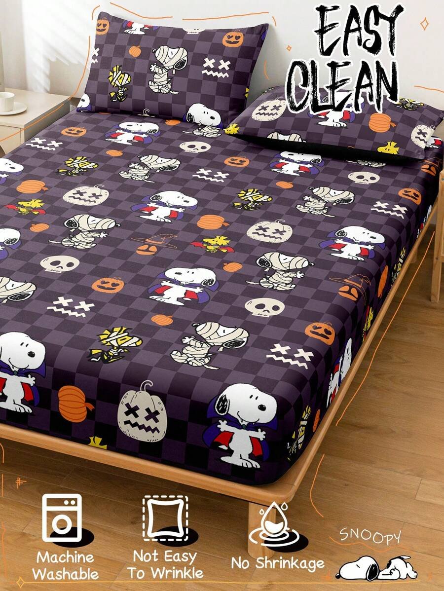 Sábana ajustada con diseño de Snoopy de Halloween, funda de colchón con estampado de calabaza y fantasma de dibujos animados, diseño de calabaza espeluznante, cómoda y amigable con la piel, antideslizante, de bolsillo profundo, resistente al polvo, antipilling, para todas las estaciones, lavable a máquina, se ajusta a tamaños de cama individual/doble/queen/king, decoración de otoño, decoración de Halloween, regalo listo para el truco o , decoración del hogar espeluznante - Imagen 14