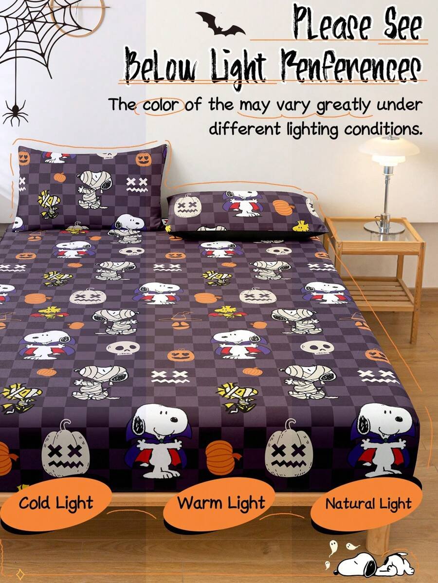Sábana ajustada con diseño de Snoopy de Halloween, funda de colchón con estampado de calabaza y fantasma de dibujos animados, diseño de calabaza espeluznante, cómoda y amigable con la piel, antideslizante, de bolsillo profundo, resistente al polvo, antipilling, para todas las estaciones, lavable a máquina, se ajusta a tamaños de cama individual/doble/queen/king, decoración de otoño, decoración de Halloween, regalo listo para el truco o , decoración del hogar espeluznante - Imagen 15