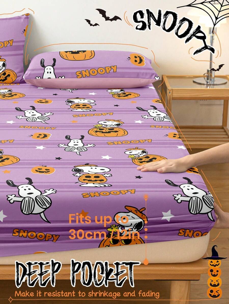 Sábana ajustada con diseño de Snoopy de Halloween, funda de colchón con estampado de calabaza y fantasma de dibujos animados, diseño de calabaza espeluznante, cómoda y amigable con la piel, antideslizante, de bolsillo profundo, resistente al polvo, antipilling, para todas las estaciones, lavable a máquina, se ajusta a tamaños de cama individual/doble/queen/king, decoración de otoño, decoración de Halloween, regalo listo para el truco o , decoración del hogar espeluznante - Imagen 19