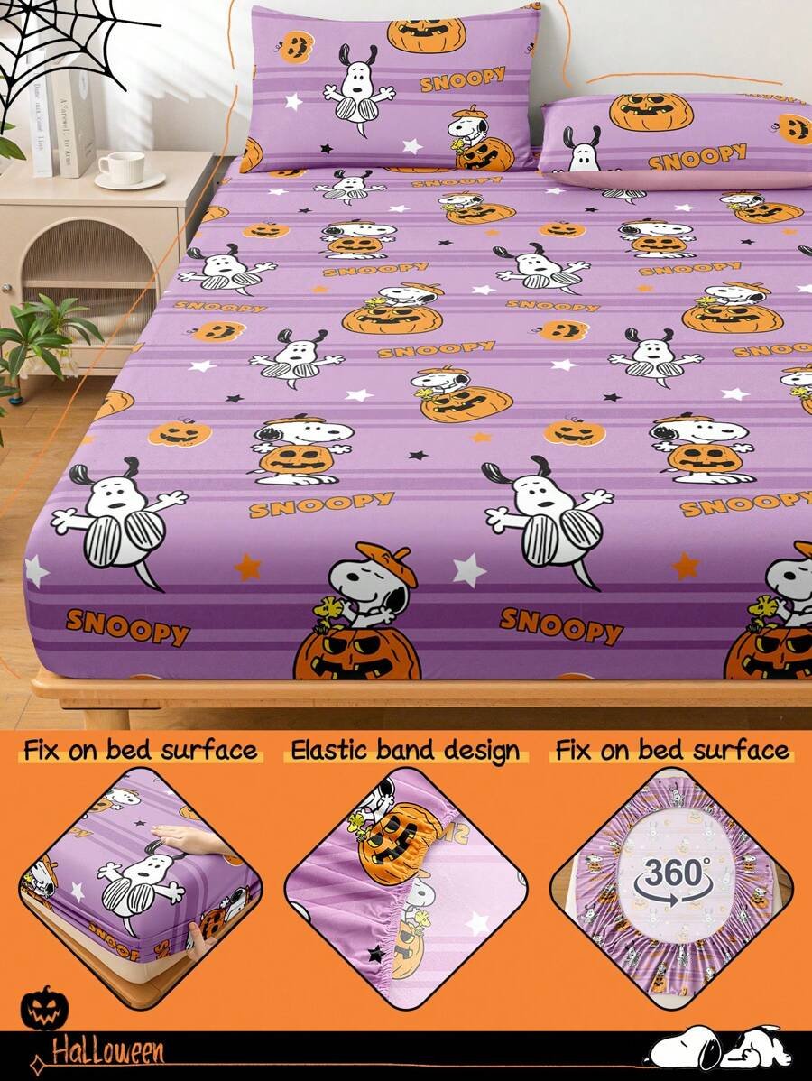 Sábana ajustada con diseño de Snoopy de Halloween, funda de colchón con estampado de calabaza y fantasma de dibujos animados, diseño de calabaza espeluznante, cómoda y amigable con la piel, antideslizante, de bolsillo profundo, resistente al polvo, antipilling, para todas las estaciones, lavable a máquina, se ajusta a tamaños de cama individual/doble/queen/king, decoración de otoño, decoración de Halloween, regalo listo para el truco o , decoración del hogar espeluznante - Imagen 20