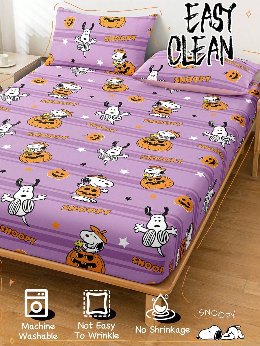 Sábana ajustada con diseño de Snoopy de Halloween, funda de colchón con estampado de calabaza y fantasma de dibujos animados, diseño de calabaza espeluznante, cómoda y amigable con la piel, antideslizante, de bolsillo profundo, resistente al polvo, antipilling, para todas las estaciones, lavable a máquina, se ajusta a tamaños de cama individual/doble/queen/king, decoración de otoño, decoración de Halloween, regalo listo para el truco o , decoración del hogar espeluznante - Imagen 21