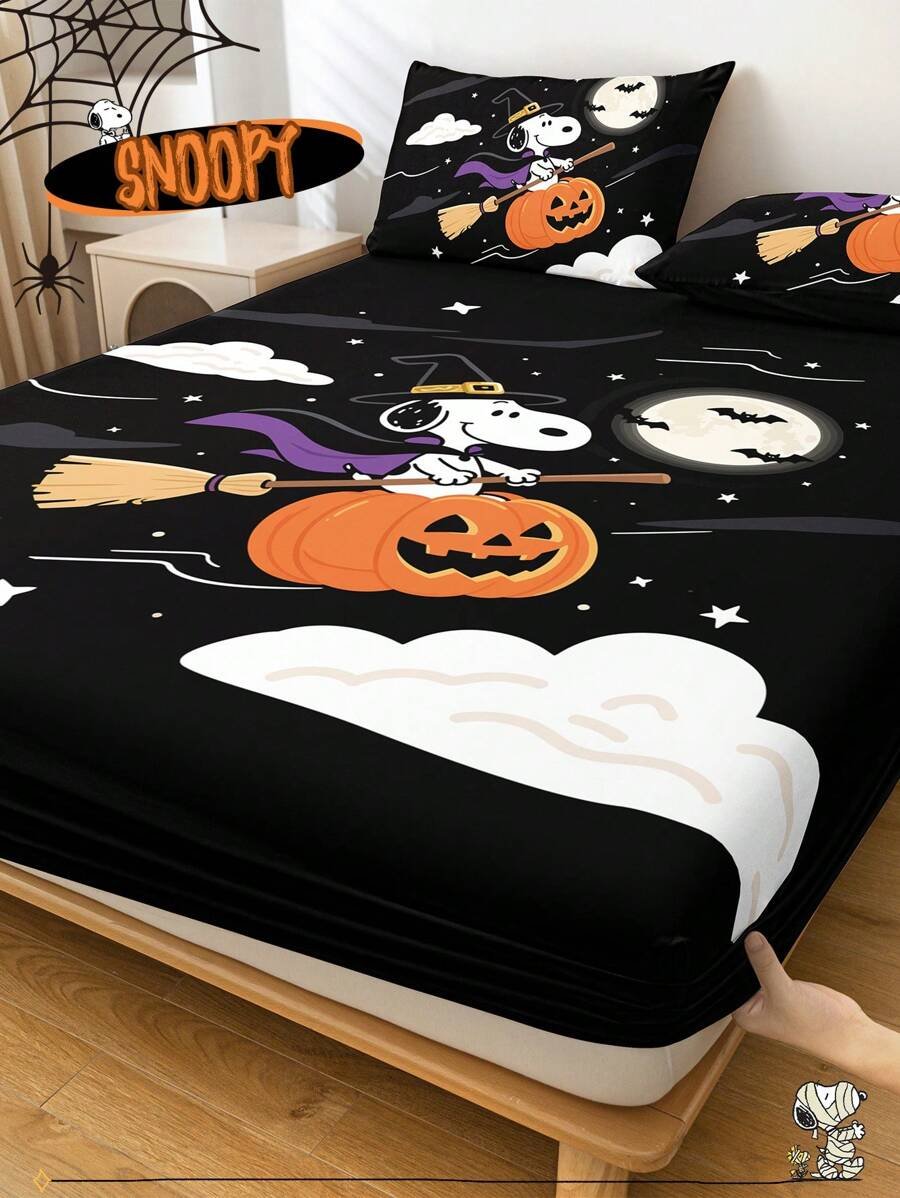 Sábana ajustada con diseño de Snoopy de Halloween, funda de colchón con estampado de calabaza y fantasma de dibujos animados, diseño de calabaza espeluznante, cómoda y amigable con la piel, antideslizante, de bolsillo profundo, resistente al polvo, antipilling, para todas las estaciones, lavable a máquina, se ajusta a tamaños de cama individual/doble/queen/king, decoración de otoño, decoración de Halloween, regalo listo para el truco o , decoración del hogar espeluznante - Imagen 23