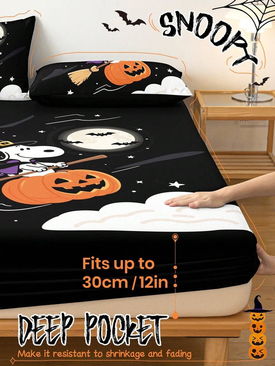 Sábana ajustada con diseño de Snoopy de Halloween, funda de colchón con estampado de calabaza y fantasma de dibujos animados, diseño de calabaza espeluznante, cómoda y amigable con la piel, antideslizante, de bolsillo profundo, resistente al polvo, antipilling, para todas las estaciones, lavable a máquina, se ajusta a tamaños de cama individual/doble/queen/king, decoración de otoño, decoración de Halloween, regalo listo para el truco o , decoración del hogar espeluznante - Imagen 26