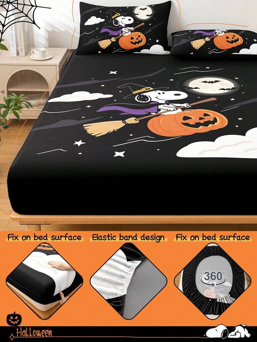 Sábana ajustada con diseño de Snoopy de Halloween, funda de colchón con estampado de calabaza y fantasma de dibujos animados, diseño de calabaza espeluznante, cómoda y amigable con la piel, antideslizante, de bolsillo profundo, resistente al polvo, antipilling, para todas las estaciones, lavable a máquina, se ajusta a tamaños de cama individual/doble/queen/king, decoración de otoño, decoración de Halloween, regalo listo para el truco o , decoración del hogar espeluznante - Imagen 27