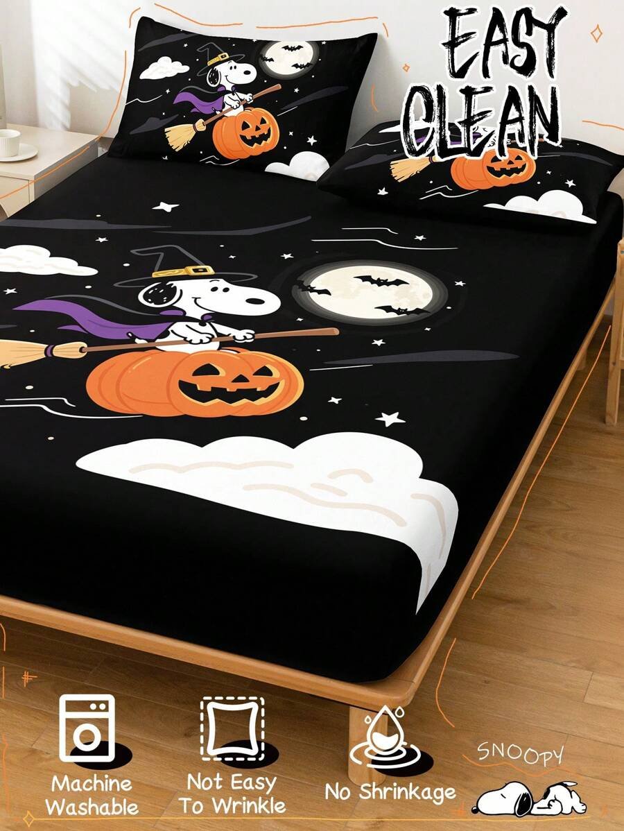 Sábana ajustada con diseño de Snoopy de Halloween, funda de colchón con estampado de calabaza y fantasma de dibujos animados, diseño de calabaza espeluznante, cómoda y amigable con la piel, antideslizante, de bolsillo profundo, resistente al polvo, antipilling, para todas las estaciones, lavable a máquina, se ajusta a tamaños de cama individual/doble/queen/king, decoración de otoño, decoración de Halloween, regalo listo para el truco o , decoración del hogar espeluznante - Imagen 28