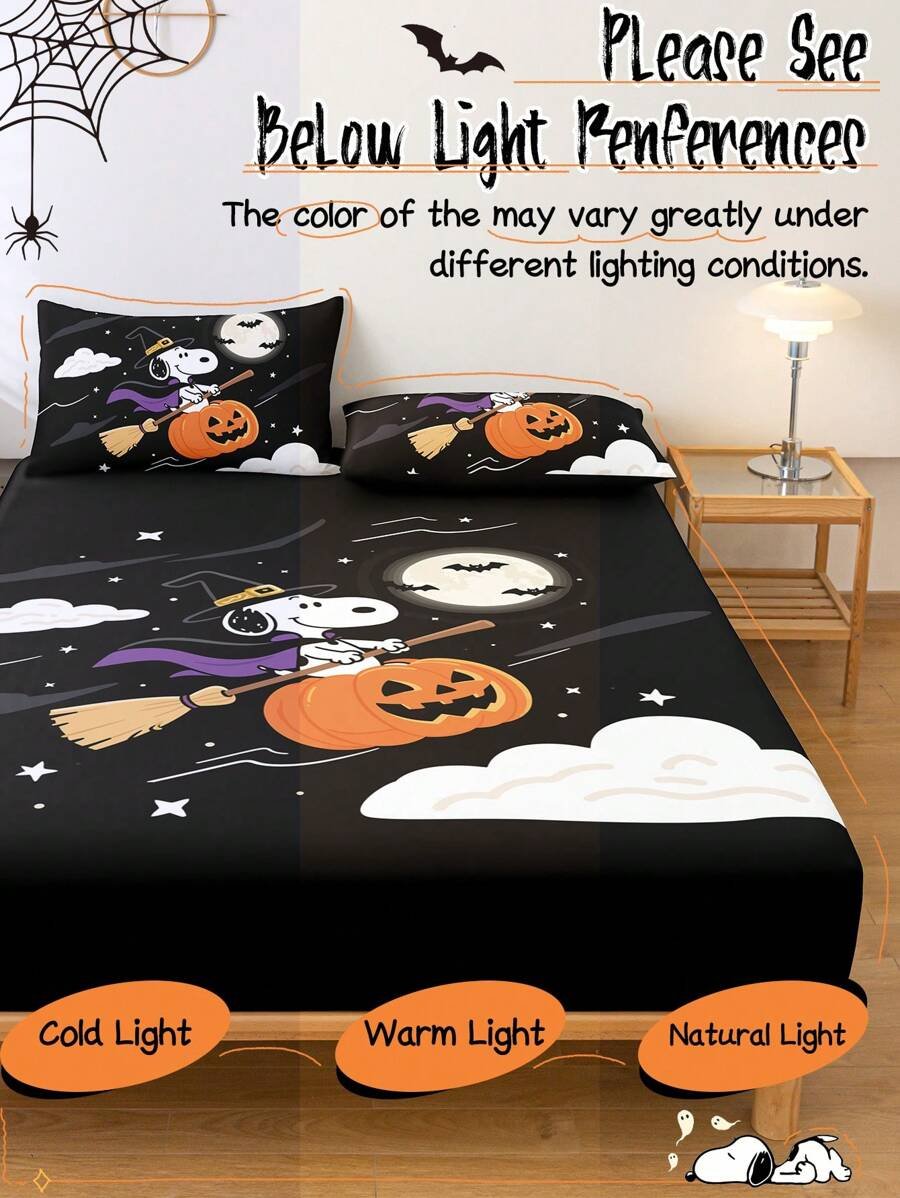 Sábana ajustada con diseño de Snoopy de Halloween, funda de colchón con estampado de calabaza y fantasma de dibujos animados, diseño de calabaza espeluznante, cómoda y amigable con la piel, antideslizante, de bolsillo profundo, resistente al polvo, antipilling, para todas las estaciones, lavable a máquina, se ajusta a tamaños de cama individual/doble/queen/king, decoración de otoño, decoración de Halloween, regalo listo para el truco o , decoración del hogar espeluznante - Imagen 29