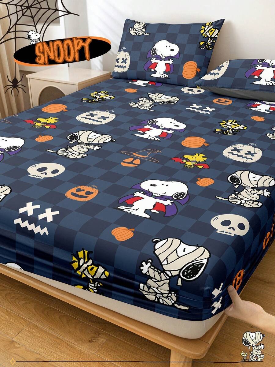 Sábana ajustada con diseño de Snoopy de Halloween, funda de colchón con estampado de calabaza y fantasma de dibujos animados, diseño de calabaza espeluznante, cómoda y amigable con la piel, antideslizante, de bolsillo profundo, resistente al polvo, antipilling, para todas las estaciones, lavable a máquina, se ajusta a tamaños de cama individual/doble/queen/king, decoración de otoño, decoración de Halloween, regalo listo para el truco o , decoración del hogar espeluznante - Imagen 30