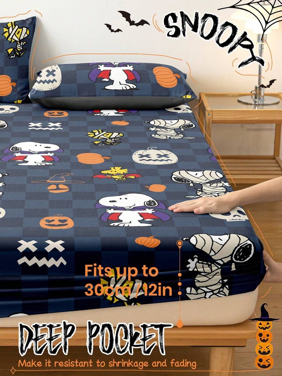 Sábana ajustada con diseño de Snoopy de Halloween, funda de colchón con estampado de calabaza y fantasma de dibujos animados, diseño de calabaza espeluznante, cómoda y amigable con la piel, antideslizante, de bolsillo profundo, resistente al polvo, antipilling, para todas las estaciones, lavable a máquina, se ajusta a tamaños de cama individual/doble/queen/king, decoración de otoño, decoración de Halloween, regalo listo para el truco o , decoración del hogar espeluznante - Imagen 33