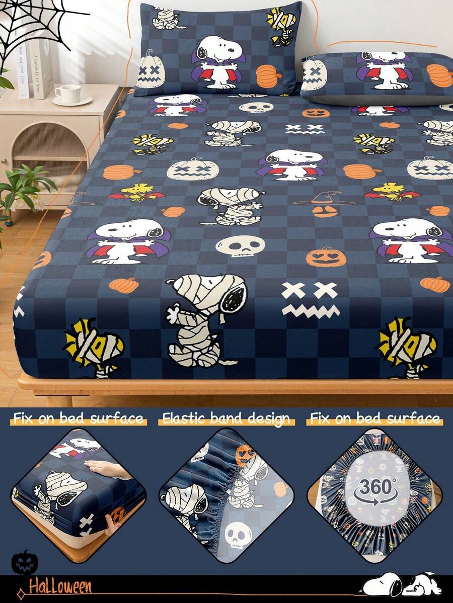 Sábana ajustada con diseño de Snoopy de Halloween, funda de colchón con estampado de calabaza y fantasma de dibujos animados, diseño de calabaza espeluznante, cómoda y amigable con la piel, antideslizante, de bolsillo profundo, resistente al polvo, antipilling, para todas las estaciones, lavable a máquina, se ajusta a tamaños de cama individual/doble/queen/king, decoración de otoño, decoración de Halloween, regalo listo para el truco o , decoración del hogar espeluznante - Imagen 34