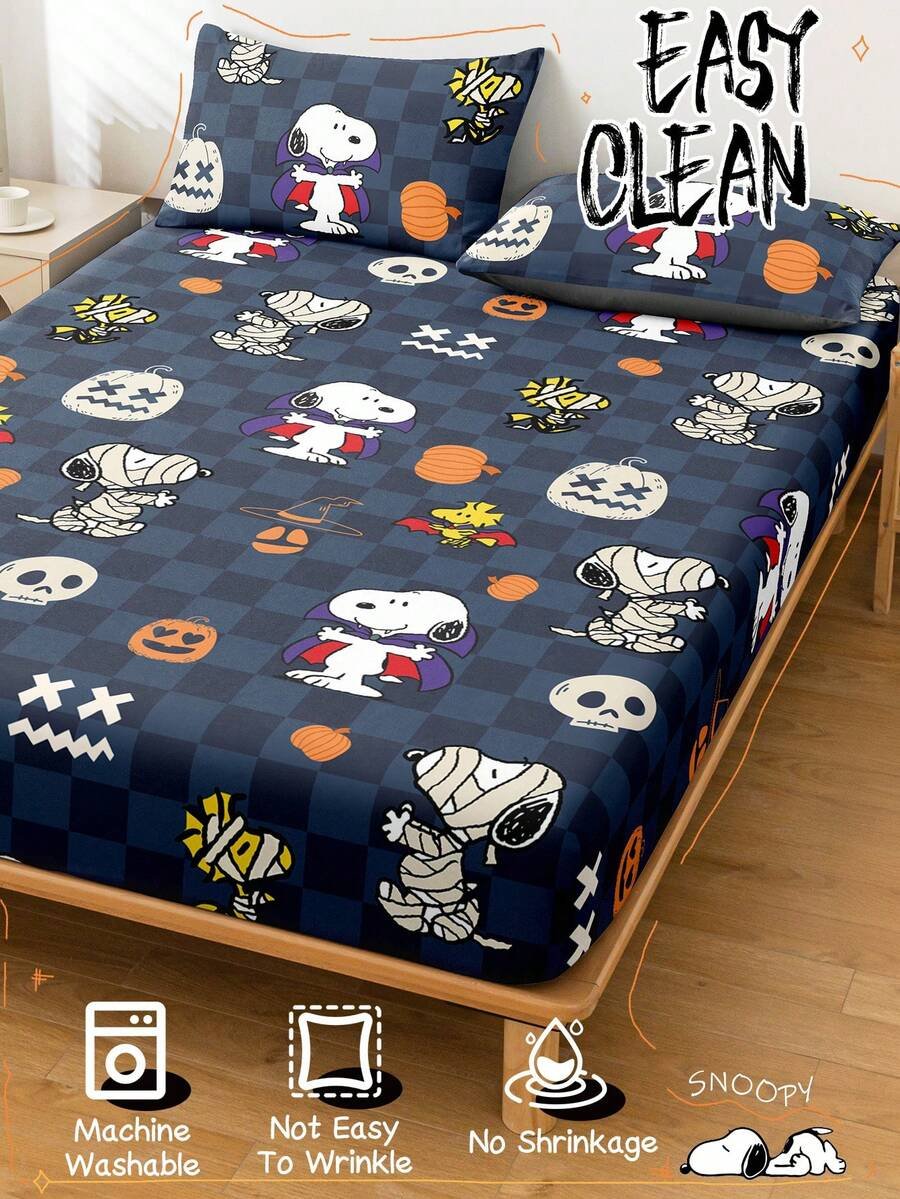 Sábana ajustada con diseño de Snoopy de Halloween, funda de colchón con estampado de calabaza y fantasma de dibujos animados, diseño de calabaza espeluznante, cómoda y amigable con la piel, antideslizante, de bolsillo profundo, resistente al polvo, antipilling, para todas las estaciones, lavable a máquina, se ajusta a tamaños de cama individual/doble/queen/king, decoración de otoño, decoración de Halloween, regalo listo para el truco o , decoración del hogar espeluznante - Imagen 35