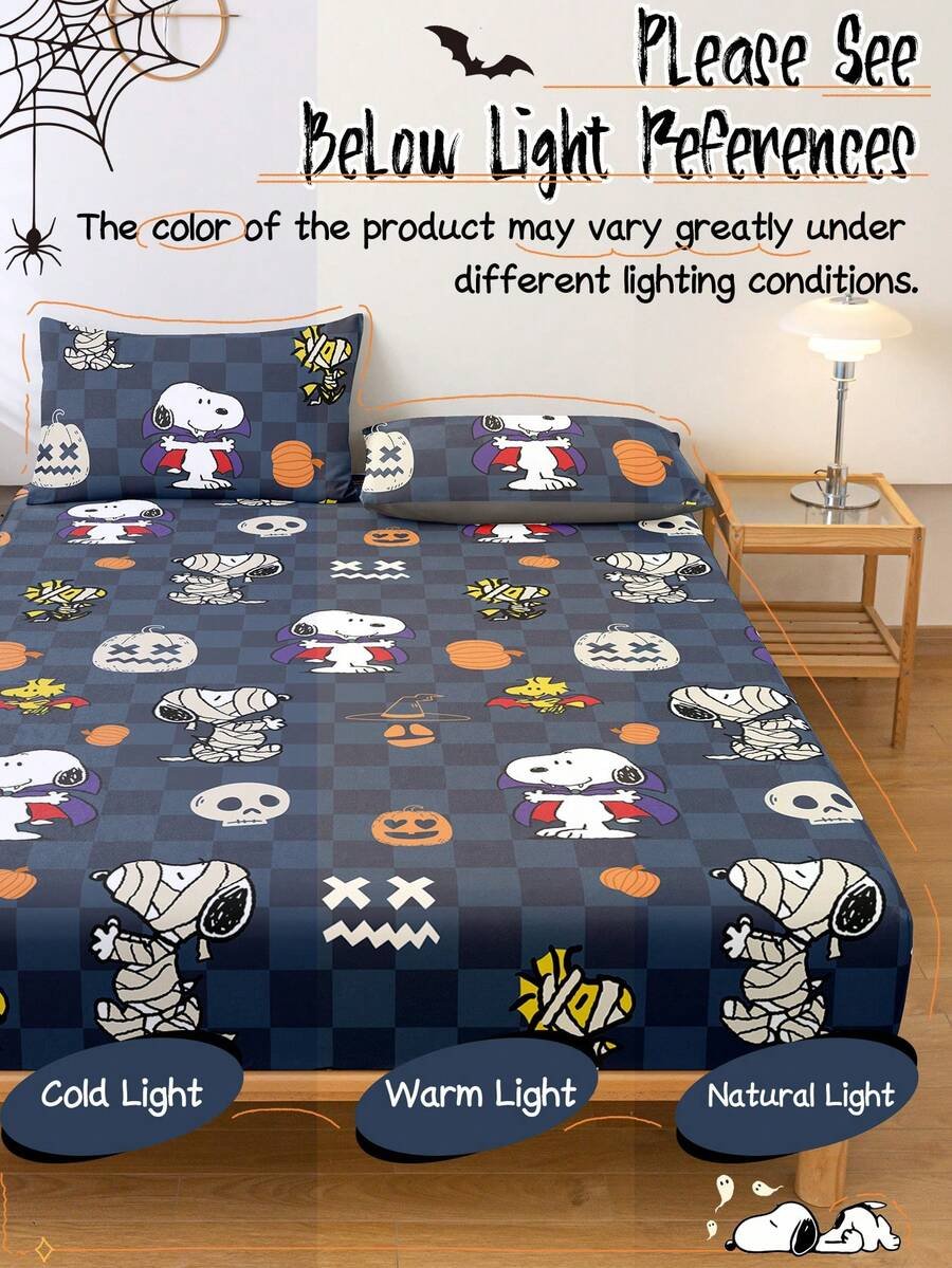 Sábana ajustada con diseño de Snoopy de Halloween, funda de colchón con estampado de calabaza y fantasma de dibujos animados, diseño de calabaza espeluznante, cómoda y amigable con la piel, antideslizante, de bolsillo profundo, resistente al polvo, antipilling, para todas las estaciones, lavable a máquina, se ajusta a tamaños de cama individual/doble/queen/king, decoración de otoño, decoración de Halloween, regalo listo para el truco o , decoración del hogar espeluznante - Imagen 36