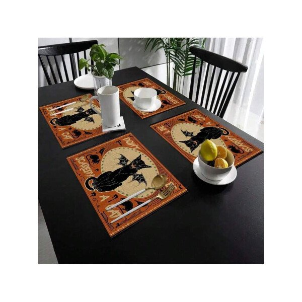 Manteles individuales con diseño de gato, cuervo y alas de murciélago para Halloween, fiestas y eventos, de poliéster lavable, adecuados para decoración de cocina, decoración de Halloween y decoración del hogar, de 12x16 pulgadas - Imagen 2