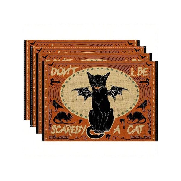 Manteles individuales con diseño de gato, cuervo y alas de murciélago para Halloween, fiestas y eventos, de poliéster lavable, adecuados para decoración de cocina, decoración de Halloween y decoración del hogar, de 12x16 pulgadas - Imagen 7