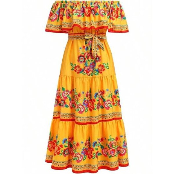 Vestido mexicano de mujer de verano con estampado floral, uso tradicional con hombros descubiertos, para playa, fiesta y vacaciones, vestido largo y maxifalda