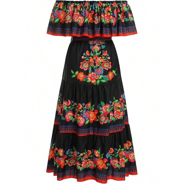 Vestido mexicano de mujer de verano con estampado floral, uso tradicional con hombros descubiertos, para playa, fiesta y vacaciones, vestido largo y maxifalda - Imagen 2
