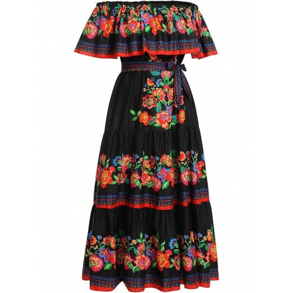 Vestido mexicano de mujer de verano con estampado floral, uso tradicional con hombros descubiertos, para playa, fiesta y vacaciones, vestido largo y maxifalda - Imagen 3