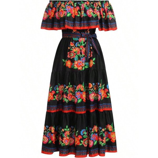 Vestido mexicano de mujer de verano con estampado floral, uso tradicional con hombros descubiertos, para playa, fiesta y vacaciones, vestido largo y maxifalda - Imagen 4