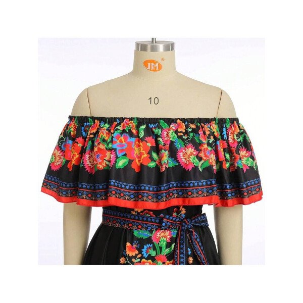 Vestido mexicano de mujer de verano con estampado floral, uso tradicional con hombros descubiertos, para playa, fiesta y vacaciones, vestido largo y maxifalda - Imagen 5