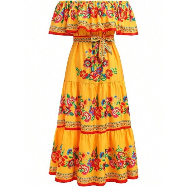 Vestido mexicano de mujer de verano con estampado floral, uso tradicional con hombros descubiertos, para playa, fiesta y vacaciones, vestido largo y maxifalda - Imagen 8