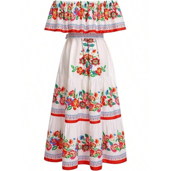 Vestido mexicano de mujer de verano con estampado floral, uso tradicional con hombros descubiertos, para playa, fiesta y vacaciones, vestido largo y maxifalda - Imagen 13