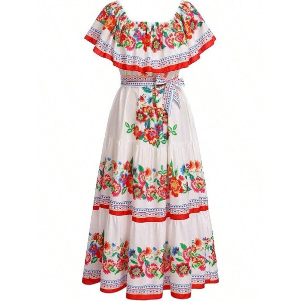 Vestido mexicano de mujer de verano con estampado floral, uso tradicional con hombros descubiertos, para playa, fiesta y vacaciones, vestido largo y maxifalda - Imagen 14