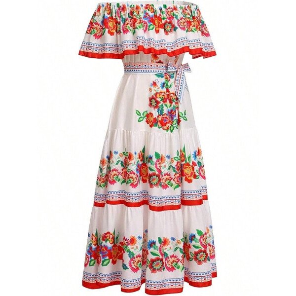Vestido mexicano de mujer de verano con estampado floral, uso tradicional con hombros descubiertos, para playa, fiesta y vacaciones, vestido largo y maxifalda - Imagen 15