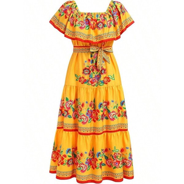 Vestido mexicano de mujer de verano con estampado floral, uso tradicional con hombros descubiertos, para playa, fiesta y vacaciones, vestido largo y maxifalda - Imagen 20