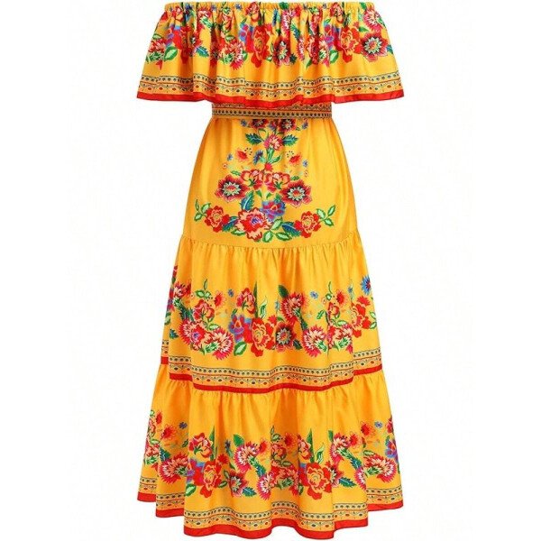 Vestido mexicano de mujer de verano con estampado floral, uso tradicional con hombros descubiertos, para playa, fiesta y vacaciones, vestido largo y maxifalda - Imagen 21