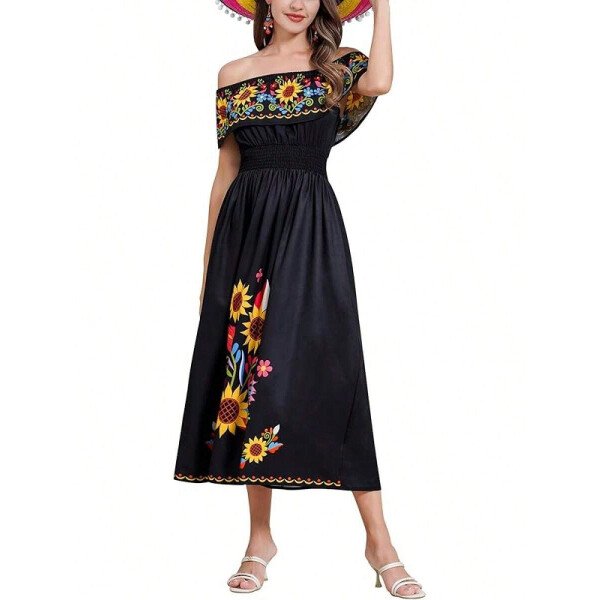 Vestido mexicano de mujer de verano con estampado floral, uso tradicional con hombros descubiertos, para playa, fiesta y vacaciones, vestido largo y maxifalda - Imagen 25