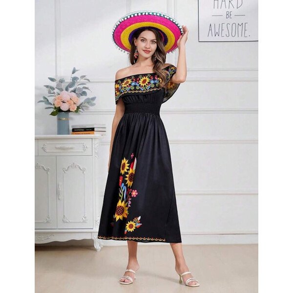 Vestido mexicano de mujer de verano con estampado floral, uso tradicional con hombros descubiertos, para playa, fiesta y vacaciones, vestido largo y maxifalda - Imagen 27