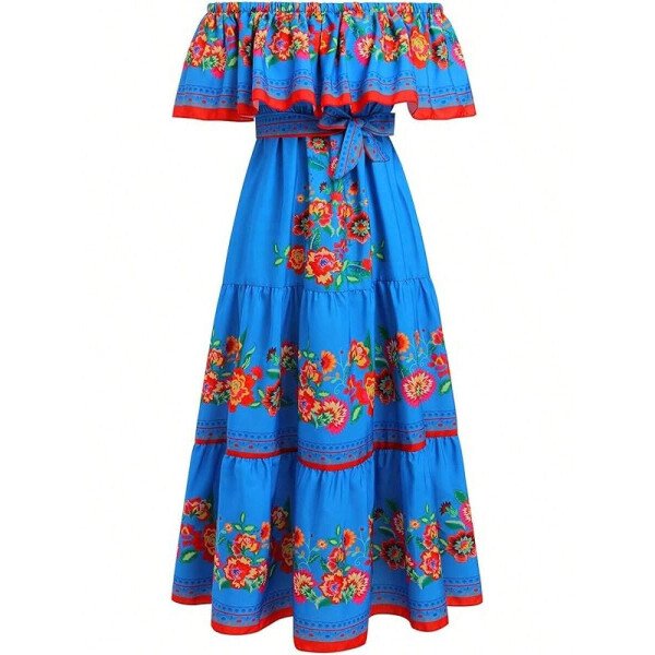 Vestido mexicano de mujer de verano con estampado floral, uso tradicional con hombros descubiertos, para playa, fiesta y vacaciones, vestido largo y maxifalda - Imagen 31