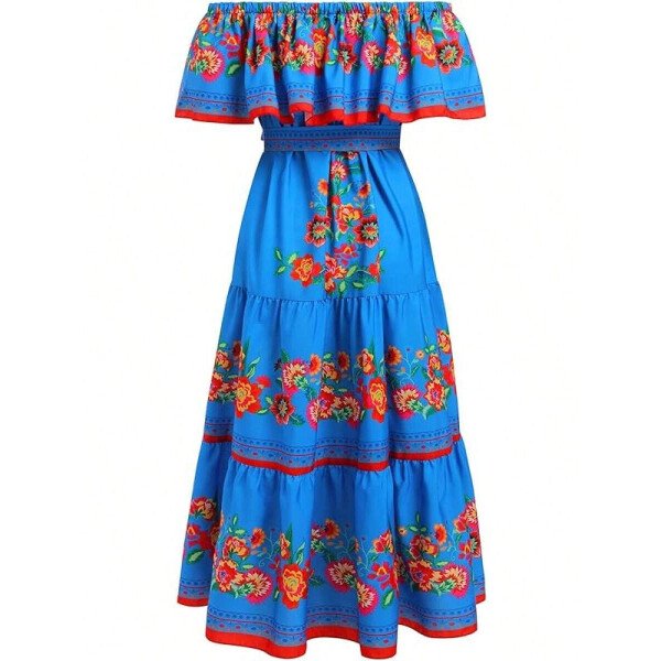 Vestido mexicano de mujer de verano con estampado floral, uso tradicional con hombros descubiertos, para playa, fiesta y vacaciones, vestido largo y maxifalda - Imagen 32