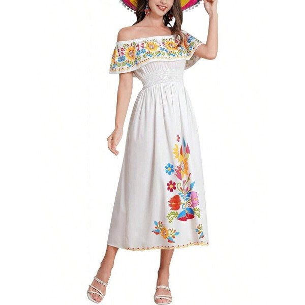 Vestido mexicano de mujer de verano con estampado floral, uso tradicional con hombros descubiertos, para playa, fiesta y vacaciones, vestido largo y maxifalda - Imagen 42