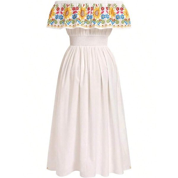 Vestido mexicano de mujer de verano con estampado floral, uso tradicional con hombros descubiertos, para playa, fiesta y vacaciones, vestido largo y maxifalda - Imagen 47