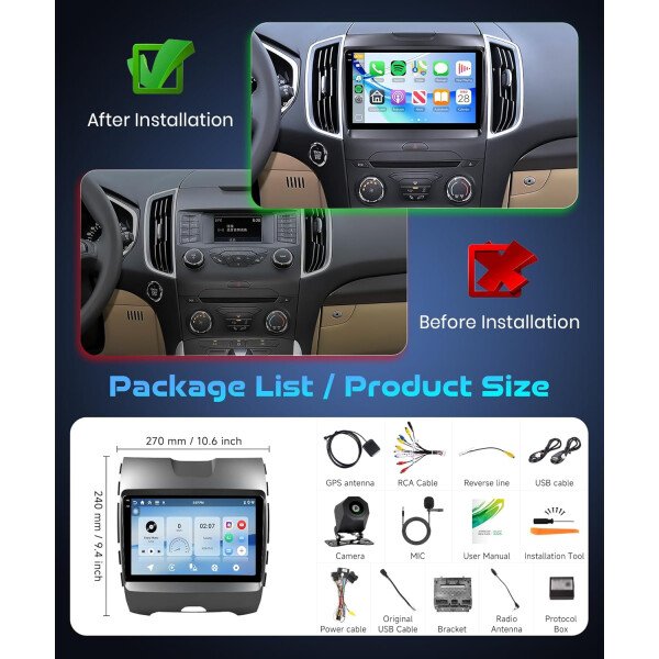 4+128G Android 15 Radio estéreo para coche para Ford Edge 2016-2020 con Carplay inalámbrico Android Auto, unidad principal de pantalla en celda de 9 pulgadas con GPS/Bluetooth 5.0/FM RDS/EQ/Wi-Fi - Imagen 7