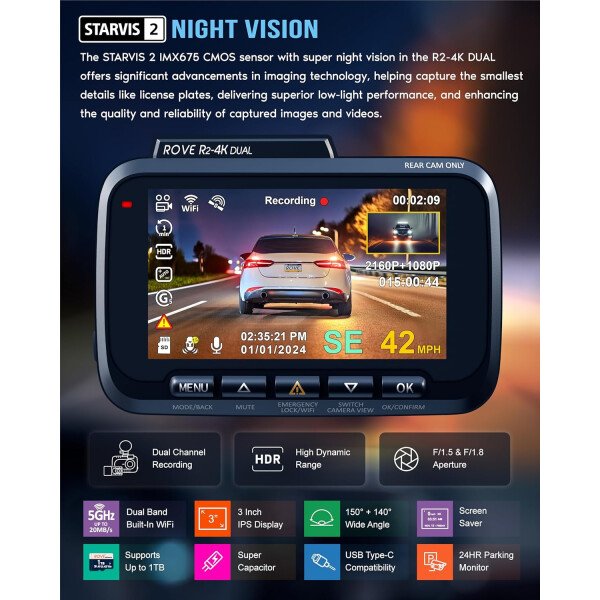 ROVE Cámara de tablero dual R2-4K frontal y trasera, sensor STARVIS 2, tarjeta de 128 GB incluida, WiFi 5G, velocidad de descarga más rápida de hasta 20 MB/s con aplicación, cámara de tablero 4K - Imagen 4