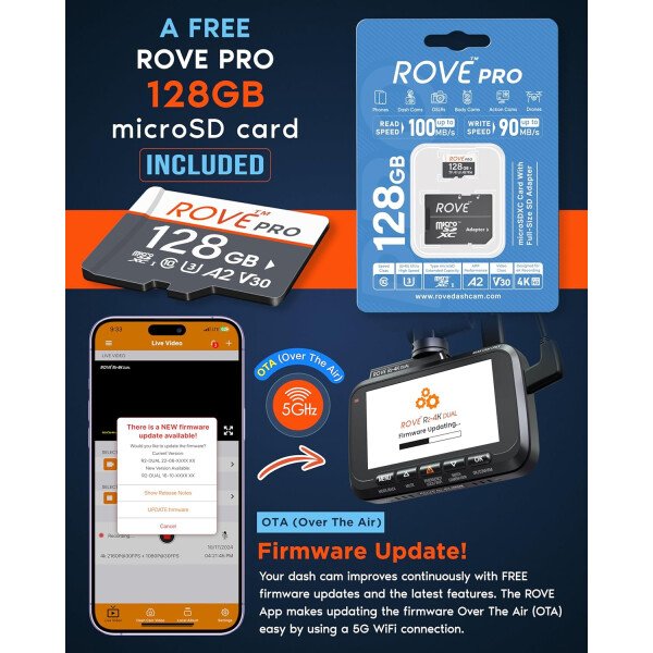 ROVE Cámara de tablero dual R2-4K frontal y trasera, sensor STARVIS 2, tarjeta de 128 GB incluida, WiFi 5G, velocidad de descarga más rápida de hasta 20 MB/s con aplicación, cámara de tablero 4K - Imagen 8